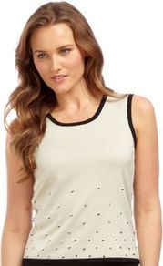 Embellished Oyster Knitted Top - neckline: round neck; pattern: plain; sleeve style: sleeveless; style: vest top; predominant colour: stone; occasions: casual, evening, work; length: standard; fibres: polyester/polyamide - stretch; fit: straight cut; sleeve length: sleeveless; texture group: knits/crochet; pattern type: knitted - fine stitch; pattern size: small & light; embellishment: beading