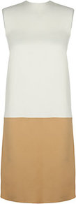 Colour Block Shift Dress - style: shift; length: below the knee; fit: tailored/fitted; sleeve style: sleeveless; predominant colour: white; secondary colour: camel; occasions: casual, work, occasion; fibres: viscose/rayon - 100%; neckline: crew; hip detail: contrast fabric/print detail at hip; back detail: keyhole/peephole detail at back; sleeve length: sleeveless; texture group: crepes; pattern type: fabric; pattern size: standard; pattern: colourblock