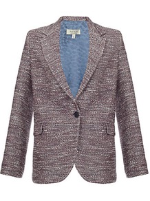 Tweed Jacket - style: single breasted blazer; hip detail: side pockets at hip; length: below the bottom; collar: standard lapel/rever collar; predominant colour: mid grey; occasions: casual, evening, work; fit: straight cut (boxy); fibres: cotton - mix; sleeve length: long sleeve; sleeve style: standard; collar break: low/open; pattern type: fabric; pattern size: standard; pattern: patterned/print; texture group: tweed - light/midweight