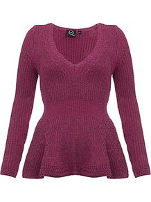 Peplum Jumper - neckline: v-neck; pattern: plain; style: standard; predominant colour: hot pink; occasions: casual, work; length: standard; fibres: cotton - mix; fit: slim fit; waist detail: peplum detail at waist; sleeve length: long sleeve; sleeve style: standard; texture group: knits/crochet; pattern type: knitted - big stitch; pattern size: standard