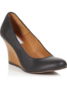 Orpheus Leather Wedge - predominant colour: black; occasions: casual, evening, work; material: leather; heel height: high; heel: wedge; toe: round toe; style: courts; finish: plain; pattern: plain