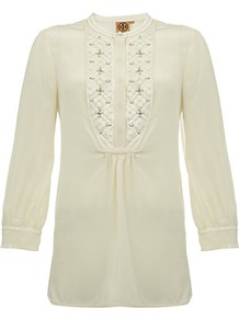 Petal Tunic - pattern: plain; bust detail: added detail/embellishment at bust; style: tunic; predominant colour: ivory; occasions: casual, work; length: standard; fibres: silk - 100%; fit: straight cut; neckline: crew; sleeve length: 3/4 length; sleeve style: standard; texture group: crepes; pattern type: fabric; pattern size: small & light; embellishment: beading
