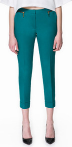 Cropped Trousers - pattern: plain; style: capri; pocket detail: small back pockets, pockets at the sides; waist: mid/regular rise; predominant colour: teal; occasions: casual, evening, work, holiday; length: calf length; fibres: cotton - stretch; jeans & bottoms detail: turn ups; fit: slim leg; pattern type: fabric; texture group: other - light to midweight