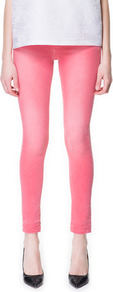Jeans - style: skinny leg; pattern: plain; pocket detail: traditional 5 pocket; waist: mid/regular rise; predominant colour: pink; occasions: casual, holiday; length: ankle length; fibres: cotton - stretch; jeans detail: washed/faded; texture group: denim; trends: fluorescent; pattern type: fabric