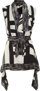 Women's Handkerchief Top, Black & White - neckline: v-neck; sleeve style: sleeveless; length: below the bottom; waist detail: belted waist/tie at waist/drawstring; bust detail: ruching/gathering/draping/layers/pintuck pleats at bust; predominant colour: white; occasions: casual, evening, work; style: top; fibres: polyester/polyamide - 100%; fit: body skimming; hip detail: soft pleats at hip/draping at hip/flared at hip; sleeve length: sleeveless; texture group: sheer fabrics/chiffon/organza etc.; trends: statement prints, modern geometrics; pattern type: fabric; pattern size: standard; pattern: patterned/print
