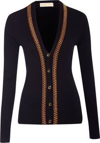 Women's Long Sleeve Cardigan With Interlaced Chain, Navy - neckline: low v-neck; pattern: plain; bust detail: added detail/embellishment at bust; hip detail: fitted at hip; predominant colour: navy; occasions: casual, work; length: standard; style: standard; fibres: cotton - mix; fit: slim fit; waist detail: fitted waist; sleeve length: long sleeve; sleeve style: standard; texture group: knits/crochet; pattern type: knitted - other