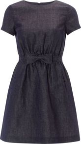 Women's Bow Swing Dress, Indigo - length: mid thigh; fit: fitted at waist; pattern: plain; style: full skirt; waist detail: embellishment at waist/feature waistband; predominant colour: black; occasions: casual, evening, work, occasion; fibres: wool - mix; neckline: crew; sleeve length: short sleeve; sleeve style: standard; trends: volume; pattern type: fabric; texture group: woven light midweight