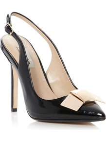 Cadet Airforce Sling Back Open Court Shoes, Black - predominant colour: black; occasions: evening, work, occasion; material: leather; heel height: high; heel: stiletto; toe: pointed toe; style: slingbacks; finish: patent; pattern: colourblock; embellishment: bow