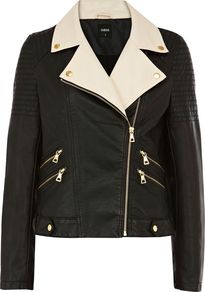 Women's Colour Block Pu Biker, Black - style: biker; collar: asymmetric biker; fit: slim fit; hip detail: fitted at hip; predominant colour: black; occasions: casual, evening; length: standard; fibres: polyester/polyamide - 100%; sleeve length: long sleeve; sleeve style: standard; texture group: leather; collar break: medium; pattern type: fabric; pattern: colourblock