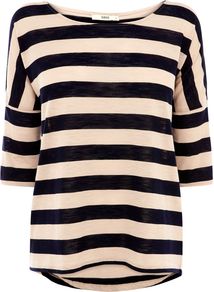 Women's Slub Casual Stripe Tee, Natural - neckline: round neck; pattern: horizontal stripes; style: t-shirt; predominant colour: nude; occasions: casual, work; length: standard; fibres: cotton - mix; fit: body skimming; sleeve length: half sleeve; sleeve style: standard; trends: striking stripes; pattern type: fabric; pattern size: big & busy; texture group: jersey - stretchy/drapey