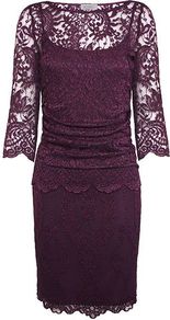 Women's Two Lace Dress, Dark Purple - style: shift; neckline: slash/boat neckline; fit: tailored/fitted; pattern: plain; shoulder detail: contrast pattern/fabric at shoulder; predominant colour: aubergine; occasions: evening, occasion; length: on the knee; fibres: polyester/polyamide - 100%; sleeve length: 3/4 length; sleeve style: standard; texture group: lace; pattern type: fabric; embellishment: lace