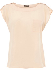 Women's Button Shoulder Tshirt, Stone - neckline: round neck; sleeve style: capped; pattern: plain; style: t-shirt; predominant colour: nude; occasions: casual, evening, work; length: standard; fibres: polyester/polyamide - 100%; fit: straight cut; shoulder detail: added shoulder detail; sleeve length: short sleeve; texture group: sheer fabrics/chiffon/organza etc.; pattern type: fabric; pattern size: standard