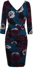 Women's Hydrangea Drape Dress, Teal - style: faux wrap/wrap; neckline: low v-neck; secondary colour: aubergine; occasions: casual, evening, occasion; length: just above the knee; fit: body skimming; fibres: polyester/polyamide - stretch; hip detail: ruching/gathering at hip; predominant colour: multicoloured; sleeve length: 3/4 length; sleeve style: standard; trends: high impact florals; pattern type: fabric; pattern size: big & busy; pattern: florals; texture group: jersey - stretchy/drapey