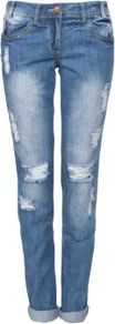 30in Blue Aztec Button Ripped Boyfriend Jeans - style: straight leg; length: standard; pattern: plain; pocket detail: traditional 5 pocket; waist: mid/regular rise; predominant colour: denim; occasions: casual, holiday; fibres: cotton - 100%; jeans detail: whiskering, shading down centre of thigh, washed/faded; jeans & bottoms detail: turn ups; texture group: denim; pattern type: fabric