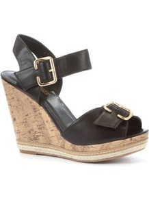 Black Buckle Wedges - predominant colour: black; occasions: casual, holiday; material: faux leather; heel height: high; embellishment: buckles; ankle detail: ankle strap; heel: wedge; toe: open toe/peeptoe; style: standard; finish: plain; pattern: plain