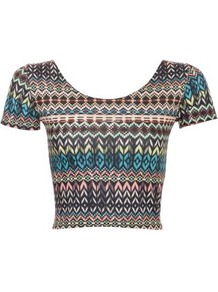 Multicolour Aztec Crop Top - neckline: round neck; length: cropped; style: t-shirt; predominant colour: turquoise; secondary colour: stone; occasions: casual, holiday; fibres: polyester/polyamide - stretch; fit: tight; sleeve length: short sleeve; sleeve style: standard; pattern type: fabric; pattern size: standard; pattern: patterned/print; texture group: jersey - stretchy/drapey