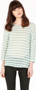 Stripe Zip Back Top - neckline: round neck; sleeve style: dolman/batwing; pattern: horizontal stripes; length: below the bottom; style: standard; secondary colour: white; predominant colour: pistachio; occasions: casual, holiday; fibres: polyester/polyamide - mix; fit: loose; sleeve length: 3/4 length; texture group: knits/crochet; pattern type: knitted - other; pattern size: standard