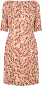 Ariel Printed Silk Dress Print Berry Champagne - style: shift; length: mid thigh; neckline: slash/boat neckline; fit: tailored/fitted; secondary colour: coral; predominant colour: nude; occasions: evening, work, occasion; fibres: silk - 100%; sleeve length: half sleeve; sleeve style: standard; texture group: structured shiny - satin/tafetta/silk etc.; pattern type: fabric; pattern size: standard; pattern: patterned/print
