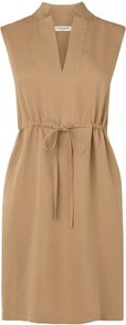 Ernie Dress Sand - style: shift; neckline: low v-neck; fit: fitted at waist; pattern: plain; sleeve style: sleeveless; waist detail: belted waist/tie at waist/drawstring; predominant colour: camel; occasions: casual, evening, work, holiday; length: just above the knee; fibres: polyester/polyamide - 100%; sleeve length: sleeveless; pattern type: fabric; texture group: other - light to midweight