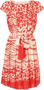 Silver Satin Cap Sleeve Pleat Dress Print Berry Champagne - neckline: round neck; sleeve style: capped; fit: fitted at waist; style: blouson; waist detail: belted waist/tie at waist/drawstring; bust detail: ruching/gathering/draping/layers/pintuck pleats at bust; predominant colour: true red; secondary colour: champagne; occasions: casual, occasion, holiday; length: just above the knee; fibres: silk - 100%; hip detail: structured pleats at hip; sleeve length: short sleeve; texture group: silky - light; trends: statement prints; pattern type: fabric; pattern size: big & busy; pattern: patterned/print