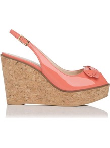 Susie Patent Leather Bow Detail Wedge Slingback Peach - predominant colour: coral; occasions: casual, evening, holiday; material: leather; heel height: high; heel: wedge; toe: open toe/peeptoe; style: slingbacks; finish: patent; pattern: plain; embellishment: bow