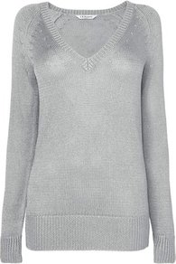 Edith Metallic Sweater Silver - neckline: v-neck; length: below the bottom; style: standard; hip detail: fitted at hip; predominant colour: silver; occasions: casual, work; fibres: polyester/polyamide - 100%; fit: standard fit; sleeve length: long sleeve; sleeve style: standard; texture group: knits/crochet; trends: metallics; pattern type: knitted - other; pattern size: standard