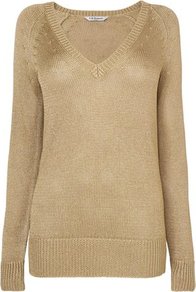 Edith Metallic Sweater Gold Light Gold - neckline: low v-neck; pattern: plain; length: below the bottom; style: standard; predominant colour: gold; occasions: casual, evening, work; fibres: viscose/rayon - stretch; fit: standard fit; bust detail: contrast pattern/fabric/detail at bust; sleeve length: long sleeve; sleeve style: standard; texture group: knits/crochet; trends: metallics; pattern type: knitted - fine stitch