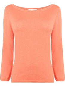 Regan Scoop Neck Knit Top Pink Soft Peach - neckline: slash/boat neckline; pattern: plain; style: t-shirt; predominant colour: coral; occasions: casual, work; length: standard; fibres: silk - mix; fit: body skimming; sleeve length: 3/4 length; sleeve style: standard; pattern type: fabric; texture group: jersey - stretchy/drapey