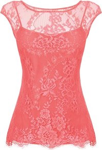 Gabi Lace Top Pink Peony - neckline: slash/boat neckline; sleeve style: capped; pattern: plain; style: blouse; predominant colour: coral; occasions: evening, occasion, holiday; length: standard; fibres: nylon - 100%; fit: body skimming; sleeve length: sleeveless; texture group: lace; pattern type: fabric; embellishment: lace