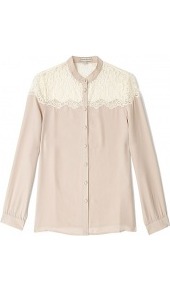 Capra Silk And Lace Blouse - style: blouse; shoulder detail: contrast pattern/fabric at shoulder; secondary colour: ivory; predominant colour: blush; occasions: casual, evening, work; length: standard; neckline: collarstand; fibres: silk - mix; fit: straight cut; bust detail: contrast pattern/fabric/detail at bust; sleeve length: long sleeve; sleeve style: standard; texture group: silky - light; pattern type: fabric; pattern size: standard; pattern: colourblock; embellishment: lace