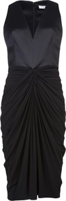 Gathered Sleeveless Dress - style: shift; neckline: low v-neck; fit: tailored/fitted; pattern: plain; sleeve style: sleeveless; predominant colour: navy; occasions: evening, occasion; length: on the knee; fibres: silk - mix; hip detail: ruching/gathering at hip; bust detail: contrast pattern/fabric/detail at bust; sleeve length: sleeveless; pattern type: fabric; texture group: jersey - stretchy/drapey