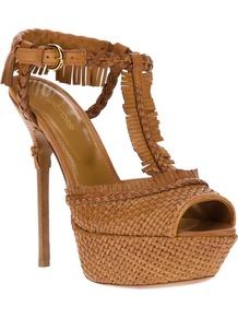 Fringed Stiletto Sandal - predominant colour: tan; occasions: evening, occasion, holiday; material: leather; ankle detail: ankle strap; heel: platform; toe: open toe/peeptoe; style: standard; finish: plain; pattern: plain; embellishment: fringing; heel height: very high