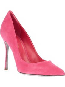 Pointed Toe Pump - predominant colour: pink; occasions: evening, work, occasion; material: suede; heel height: high; heel: stiletto; toe: pointed toe; style: courts; trends: fluorescent; finish: plain; pattern: plain