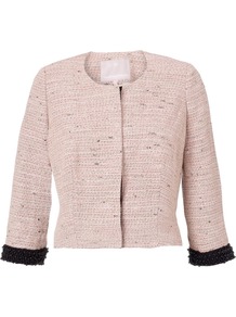 Sophia Jacket - pattern: plain; style: single breasted blazer; collar: round collar/collarless; length: cropped; predominant colour: charcoal; occasions: casual, evening, work, occasion; fit: tailored/fitted; fibres: cotton - mix; sleeve length: 3/4 length; sleeve style: standard; collar break: high; pattern type: fabric; texture group: tweed - light/midweight; embellishment: beading