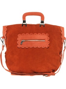 Suede And Leather Shopper Bag With Scallop Detail - predominant colour: terracotta; occasions: casual, evening, work; type of pattern: light; style: tote; length: handle; size: standard; material: suede; embellishment: zips; pattern: plain; finish: plain