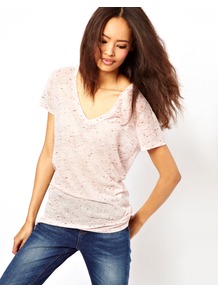 T Shirt With V Neck In Sheer Neppy - neckline: low v-neck; style: t-shirt; hip detail: fitted at hip; predominant colour: blush; occasions: casual; length: standard; fibres: polyester/polyamide - mix; fit: loose; sleeve length: short sleeve; sleeve style: standard; pattern type: fabric; pattern size: small & light; pattern: patterned/print; texture group: jersey - stretchy/drapey