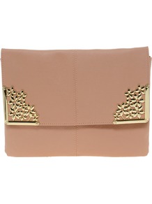 Clutch Bag With Flower Metal Corners - predominant colour: nude; occasions: casual, evening, occasion; type of pattern: light; style: clutch; length: hand carry; size: small; material: faux leather; pattern: plain; finish: plain; embellishment: chain/metal