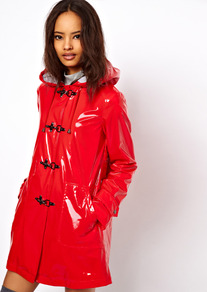 Rain Mac With Metal Clasps - pattern: plain; bust detail: added detail/embellishment at bust; hip detail: side pockets at hip; style: mac; back detail: hood; collar: high neck; length: mid thigh; predominant colour: true red; occasions: casual; fit: straight cut (boxy); fibres: polyester/polyamide - 100%; sleeve length: long sleeve; sleeve style: standard; trends: fluorescent; collar break: high; pattern type: fabric; texture group: other - light to midweight