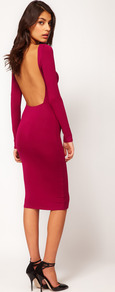 Bodycon Midi Dress With Square Open Back - length: below the knee; neckline: slash/boat neckline; fit: tight; pattern: plain; style: bodycon; back detail: low cut/open back; occasions: evening, occasion; fibres: viscose/rayon - stretch; sleeve length: long sleeve; sleeve style: standard; texture group: jersey - clingy; pattern type: fabric; predominant colour: dusky pink