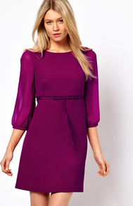 Tie Waist 60's Dress With 3/4 Sleeves - style: shift; length: mid thigh; neckline: round neck; pattern: plain; sleeve style: balloon; hip detail: fitted at hip; waist detail: belted waist/tie at waist/drawstring; predominant colour: magenta; occasions: casual, evening, work, occasion; fit: soft a-line; fibres: polyester/polyamide - stretch; sleeve length: 3/4 length; texture group: sheer fabrics/chiffon/organza etc.; pattern type: fabric