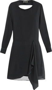 Adelle Dress - style: shift; length: mid thigh; neckline: round neck; fit: fitted at waist; pattern: plain; back detail: low cut/open back; predominant colour: black; occasions: evening, occasion; fibres: polyester/polyamide - 100%; sleeve length: long sleeve; sleeve style: standard; hip detail: ruffles/tiers/tie detail at hip; pattern type: fabric; texture group: jersey - stretchy/drapey