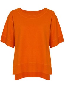 Aylina Orange Sweater - neckline: round neck; pattern: plain; style: standard; predominant colour: bright orange; occasions: casual, work; length: standard; fibres: wool - mix; fit: loose; back detail: longer hem at back than at front; sleeve length: short sleeve; sleeve style: standard; texture group: knits/crochet; pattern type: knitted - fine stitch; pattern size: standard