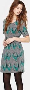 2/4 Dress - style: shift; fit: fitted at waist; waist detail: fitted waist; predominant colour: mid grey; secondary colour: black; occasions: work, occasion, holiday; length: just above the knee; neckline: scoop; fibres: polyester/polyamide - 100%; hip detail: sculpting darts/pleats/seams at hip; back detail: embellishment at back; sleeve length: short sleeve; sleeve style: standard; trends: modern geometrics; pattern type: fabric; pattern size: standard; pattern: patterned/print; texture group: jersey - stretchy/drapey