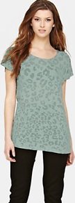 Animal Print Burnout Top, Grey - neckline: round neck; sleeve style: dolman/batwing; length: below the bottom; style: t-shirt; back detail: contrast pattern/fabric at back; predominant colour: sage; occasions: casual, work; fibres: cotton - mix; fit: loose; sleeve length: short sleeve; trends: statement prints; pattern type: fabric; pattern size: small & light; pattern: animal print; texture group: jersey - stretchy/drapey