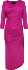 Fuscia Dahlia Dress Xl Fuschia - neckline: cowl/draped neck; fit: tailored/fitted; pattern: plain; bust detail: ruching/gathering/draping/layers/pintuck pleats at bust; predominant colour: hot pink; occasions: evening, work, occasion; length: just above the knee; style: asymmetric (hem); fibres: viscose/rayon - 100%; hip detail: soft pleats at hip/draping at hip/flared at hip; sleeve length: 3/4 length; sleeve style: standard; pattern type: fabric; texture group: jersey - stretchy/drapey