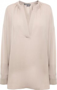 Nude Silk Long Sleeve Shirt - neckline: v-neck; pattern: plain; length: below the bottom; style: shirt; predominant colour: nude; occasions: casual, work; fibres: silk - 100%; fit: loose; sleeve length: long sleeve; sleeve style: standard; texture group: crepes; pattern type: fabric