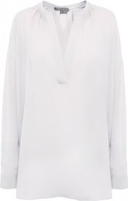 White Silk Long Sleeve Shirt - neckline: v-neck; pattern: plain; style: blouse; predominant colour: white; occasions: casual, evening, work; length: standard; fibres: silk - 100%; fit: straight cut; sleeve length: long sleeve; sleeve style: standard; texture group: crepes; pattern type: fabric; pattern size: standard