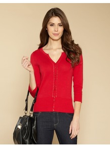 Nina Cardigan - neckline: round neck; predominant colour: true red; occasions: casual, work; length: standard; style: standard; fibres: cotton - 100%; fit: slim fit; sleeve length: 3/4 length; sleeve style: standard; texture group: knits/crochet; pattern type: knitted - other