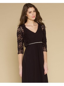 Megan Machine Crochet Shrug - style: bolero/shrug; length: cropped; neckline: collarless open; predominant colour: black; occasions: casual, evening, work, occasion; fibres: cotton - 100%; fit: slim fit; sleeve length: 3/4 length; sleeve style: standard; texture group: lace; pattern type: fabric; pattern size: standard; pattern: florals