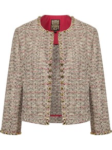 Women's Summer Tweed Studded Jacket, Multi Coloured - collar: round collar/collarless; length: cropped; style: boxy; pattern: herringbone/tweed; predominant colour: stone; occasions: casual, evening, work, occasion; fit: straight cut (boxy); fibres: cotton - mix; sleeve length: long sleeve; sleeve style: standard; collar break: high; pattern type: fabric; pattern size: small & busy; texture group: tweed - light/midweight